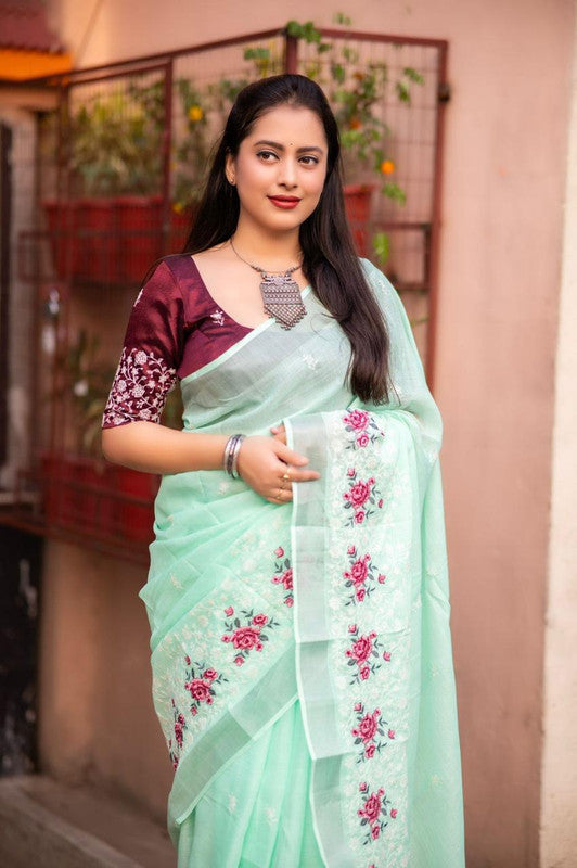 Sea Green Coloured Pure Linen Cotton with Silver Zari & White thread Multi Embroidery Chikankari Work Linen Saree with Phantom Silk Blouse!!