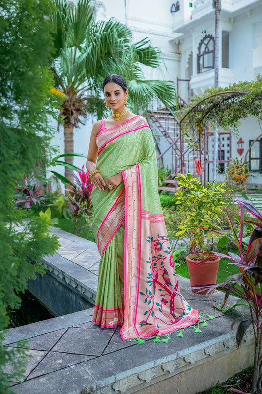 Pista Green & Multi Coloured Soft Kanjivaram Silk with Rich Paithani Pallu Women Ethnic/Festival wear Soft Silk Saree with Contrast Blouse!!