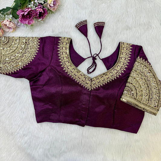 Wine Coloured Heavy Soft Milan Silk with Tricot Fuising, Embroidery, Thread & Sequence Woman Designer Partywear Ready made Blouse - 40 Size Fits Up to 42 Inch!!