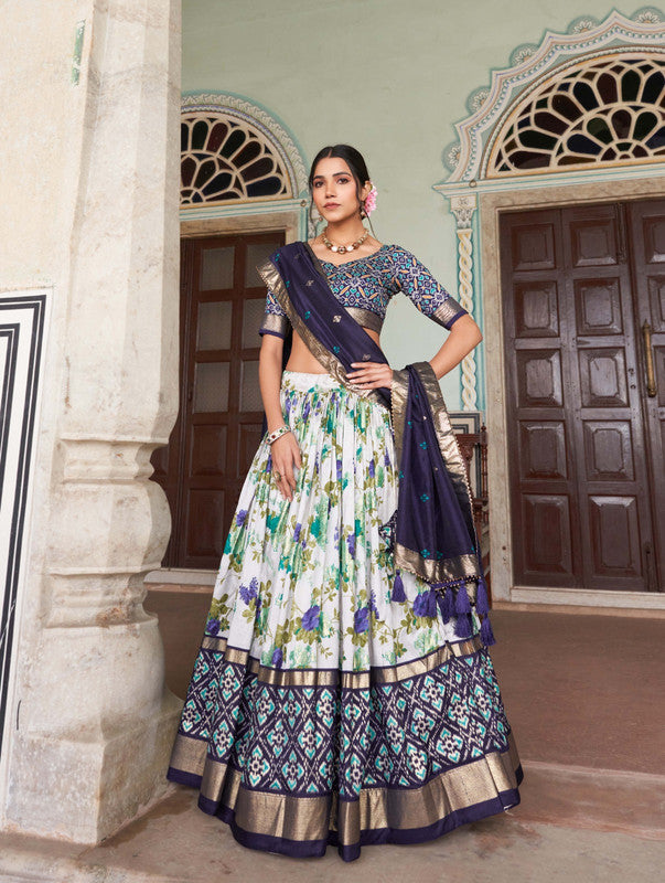 Blue & Multi Coloured Tussar Silk Floral & Patola Print with Foil Work Woman Designer Party wear Lehenga Choli & Dupatta!!