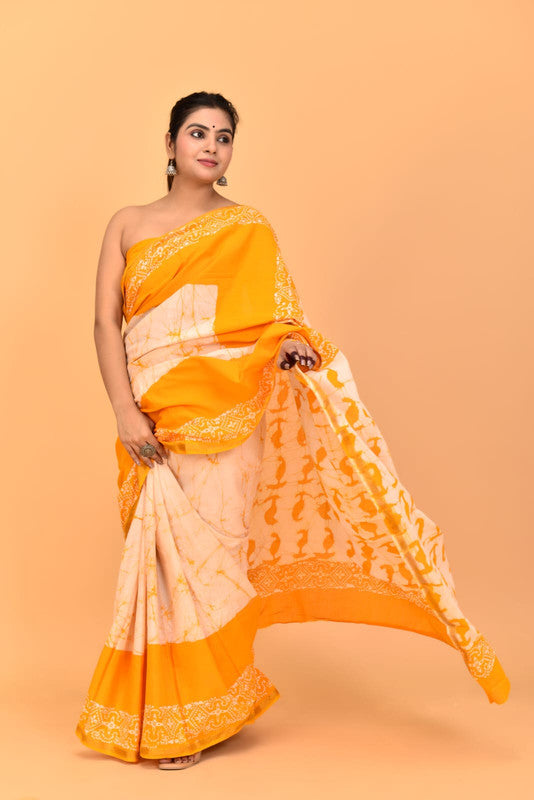 Mustard Yellow with Off White Coloured Pure Cotton with Beautiful Jari Border Women Party/Casual wear Hand Block Printed Cotton Saree with Blouse!!