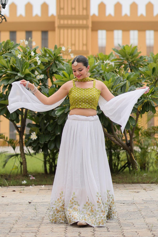 Mehendi Green with White & Multi Coloured Pure Georgette with Heavy Embroidery Work Women Ethnic Festival wear Lehenga Choli & Dupatta!!