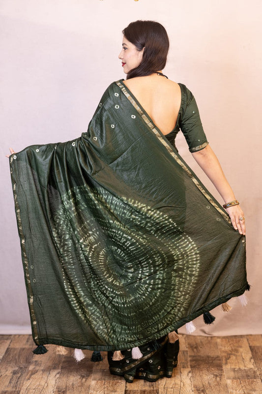 Bottle Green Coloured Chanderi Cotton with Bandhani Print & Big Tied Pallu Women Party/Festival wear Chanderi Cotton Saree with Aari Mirror Blouse!!