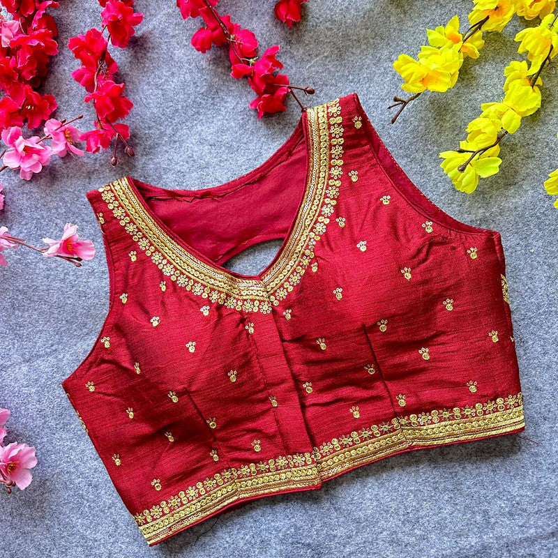 Maroon Coloured Phantom silk with Mat Sequence & Thread Embroidery Work Woman Designer Ready made Blouse - 36 Size Fits Up to 40 Inch!!