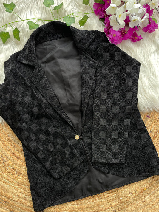 Black Coloured Shining Checks Emboss Woman Designer Ethnic/Partywear Ready made Collar Style Fancy Jacket - 38 Size Fits Up to 42 Inch!!