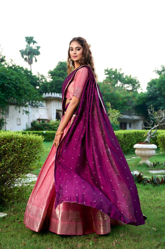 Pink & Wine Coloured Kanchipuram Silk with Zari Weaving Work Women Ethnic Festival wear Lehenga Choli & Dupatta!!