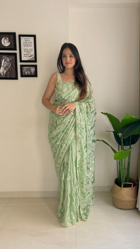 Pista Green Coloured with Dual Sequence work with back patch support lace border Women Designer Fancy Georgette Saree with Sequence Blouse!!