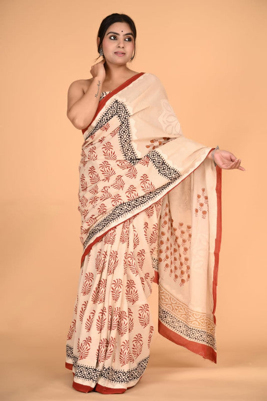 Brick Red with Beige Coloured Pure Cotton with Beautiful Applique Hand Cut Work Women Party/Casual wear Hand Block Printed Cotton Saree with Blouse!!