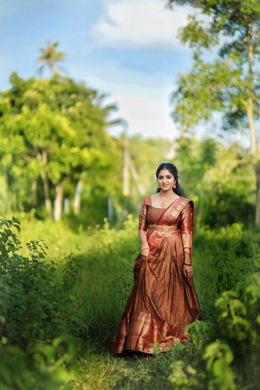 Brown & Multi Coloured Narayan pet (Cotton) with Zari Weaving Work Women Ethnic Party wear Lehenga choli ( Half Saree) with Dupatta & Belt!!