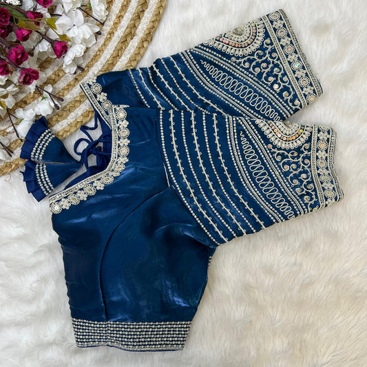 Navy Blue Coloured Soft Silky Zimichoo Fabric with Codding Embroidery & Sequence Work Woman Designer Partywear Ready made Blouse - 40 Size Fits Up to 42 Inch!!