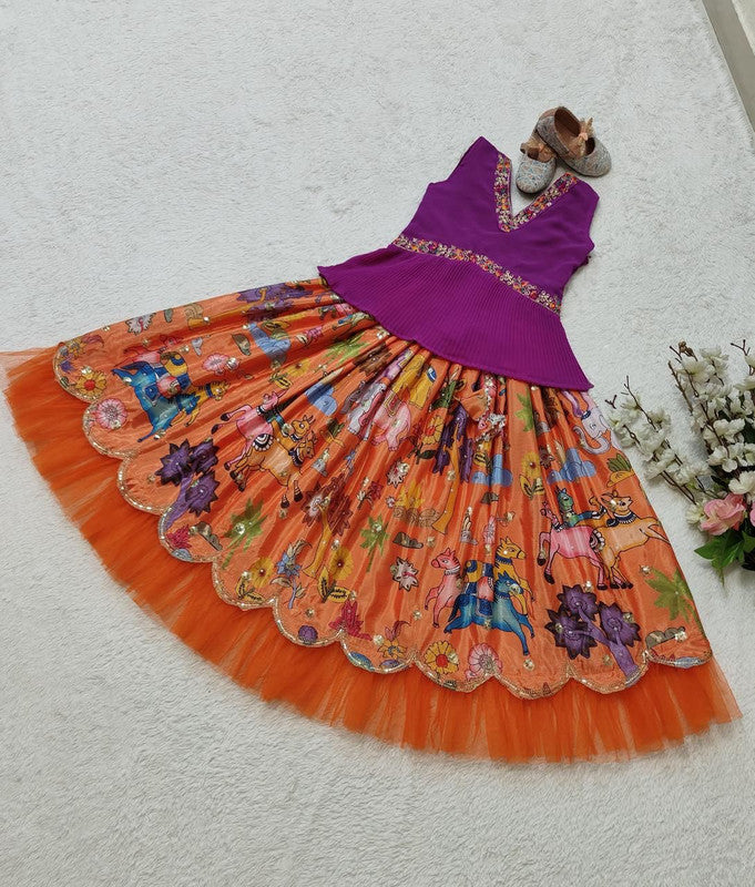 Purple with Orange & Multi Coloured Chinon Silk with Hevy Sequins Embroidered & Crush Work Girls Kids Festival Designer Ethnic Lahenga with Blouse!!