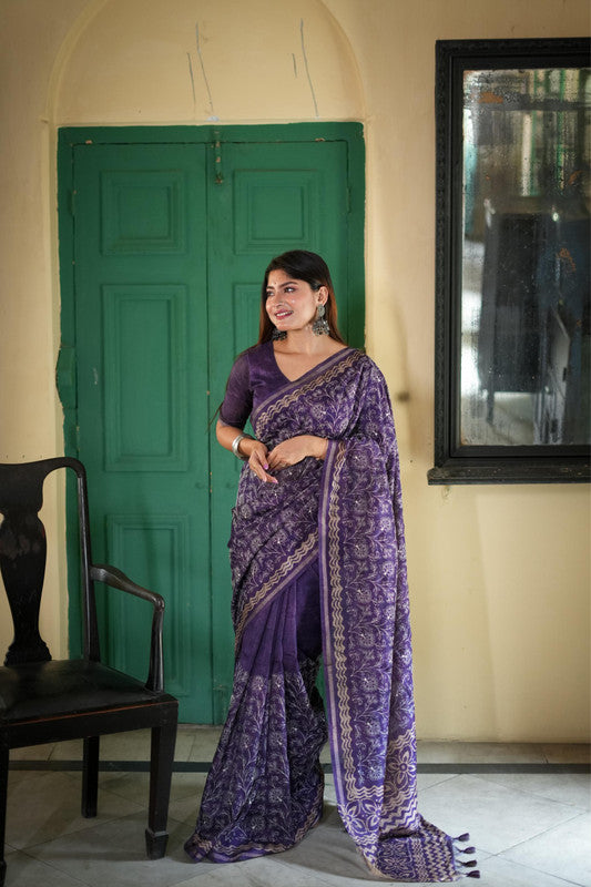 Purple Coloured Premium Tusser Silk with Batik Print & Floral Embroidery Work Women Party/Festival wear Silk Saree with Runing Blouse!!