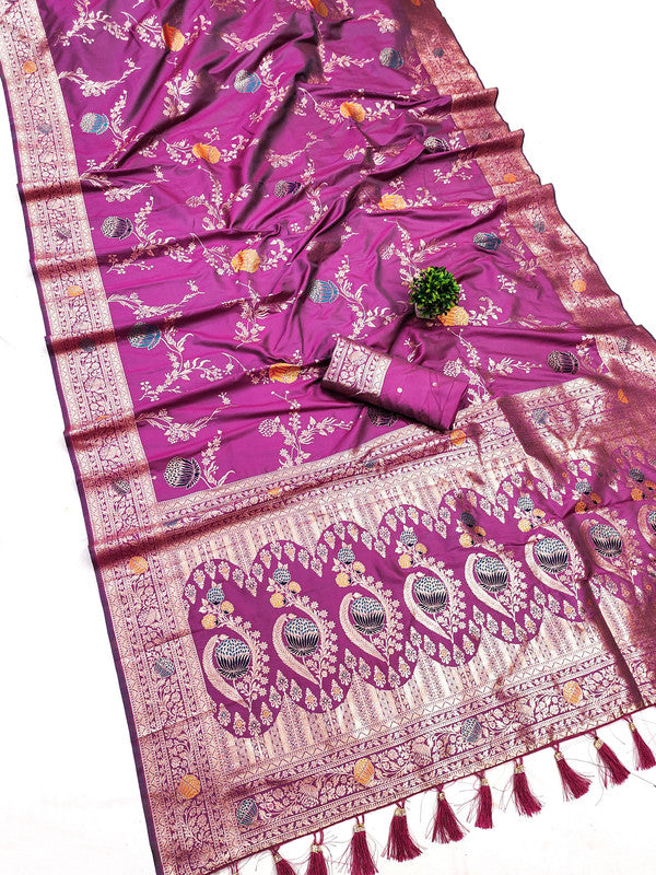 Dark Pink & Multi Coloured Soft Banarasi silk with Zari weaving Meenakari work & Rich pallu Women Party/Festival Wear Pure Soft Banarasi Silk Saree with Blouse!!