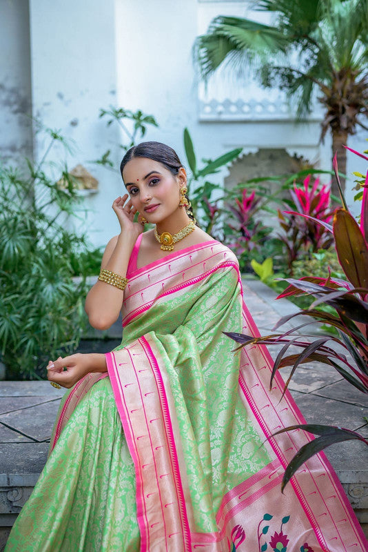 Pista Green & Multi Coloured Soft Kanjivaram Silk with Rich Paithani Pallu Women Ethnic/Festival wear Soft Silk Saree with Contrast Blouse!!