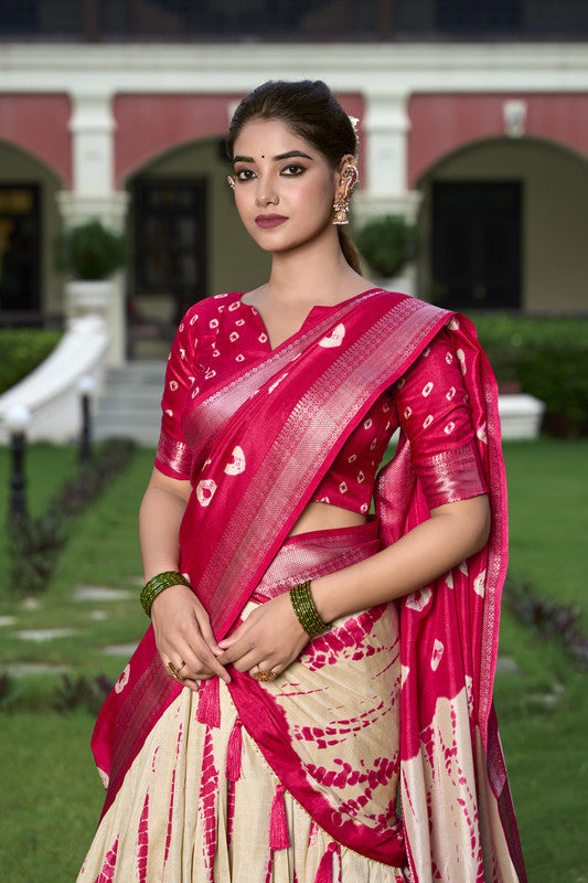 Dark Pink & Off White Coloured Dola Silk & Shibori Print with Zari Weaving Border Women Ethnic Festival wear Lehenga Choli & Dupatta!!