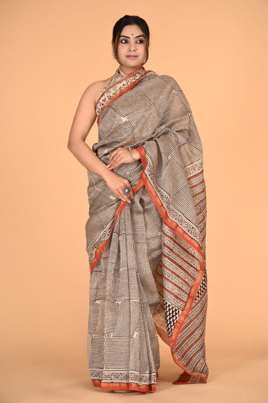 Grey & Multi Coloured Chanderi Silk with Hand Block Printed Women Party/Traditional Wear Chanderi Silk Saree with Blouse!!