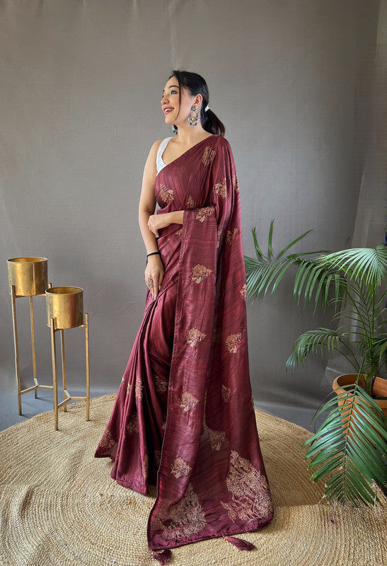 Maroon Coloured Soft Silk with Zari, Embroidery and Piping Work Women Ethnic/Party wear Silk Saree with Running Butti Blouse!!