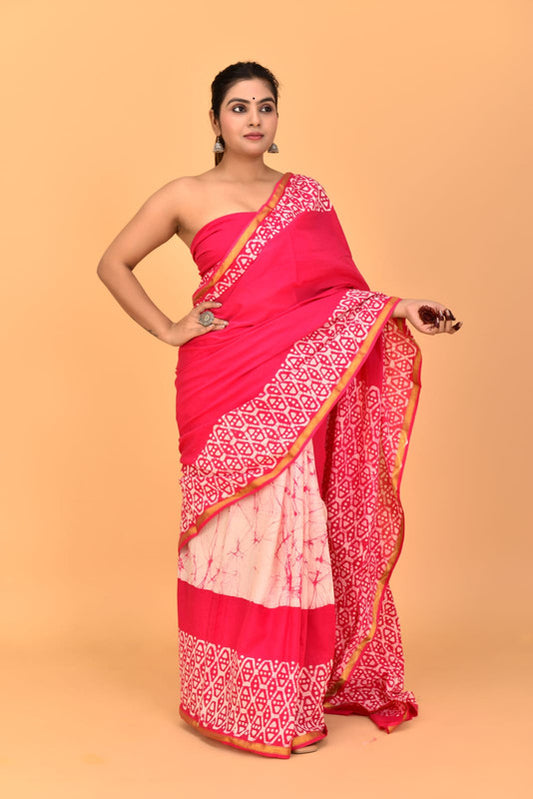 Dark Pink with Off White Coloured Pure Cotton with Beautiful Jari Border Women Party/Casual wear Hand Block Printed Cotton Saree with Blouse!!