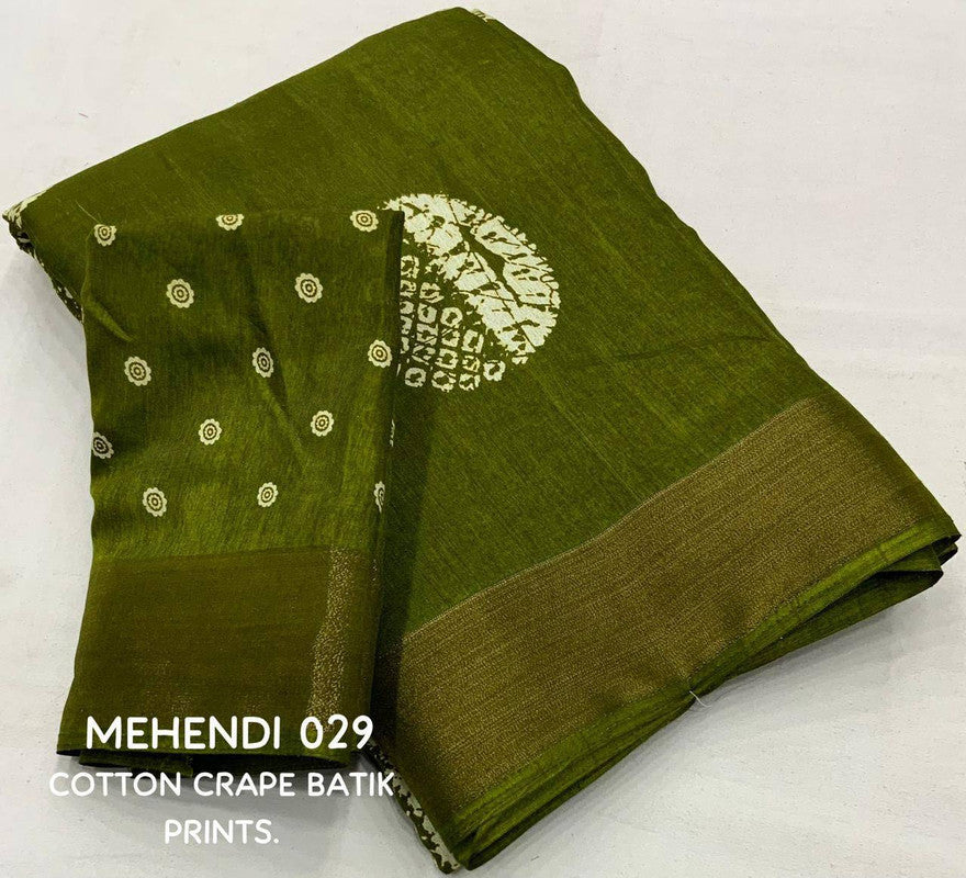 Mehendi Green Coloured Soft Cotton Crape Batik Prints with Zari Pattu woven Border Women Ethnic/Party wear Cotton Saree with Blouse!!