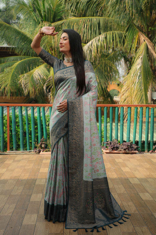 Grey & Multi Coloured with Shine & Shimmer, Sheer Skin Women Designer Kanjivaram Soft Silk Saree with Blouse!!