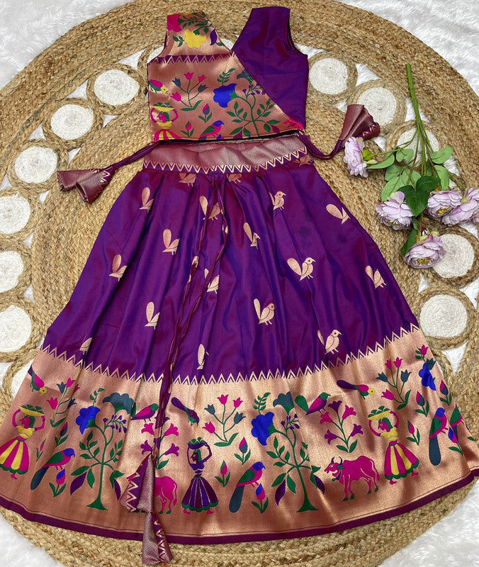 Purple Coloured Paithani Silk with Beautiful Zari Weaving Work with Full Inner Designer Girls Kids Designer Ethnic/Party wear Lehenga Choli!!