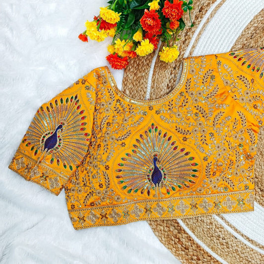 Mustard Yellow & Multi Coloured Italian Silk with Heavy Taar Coding, Multy, Sequence & Jari Work Woman Peacock Design Bridal Ready made Blouse - 42 Size Fits Up to 44 Inch!!