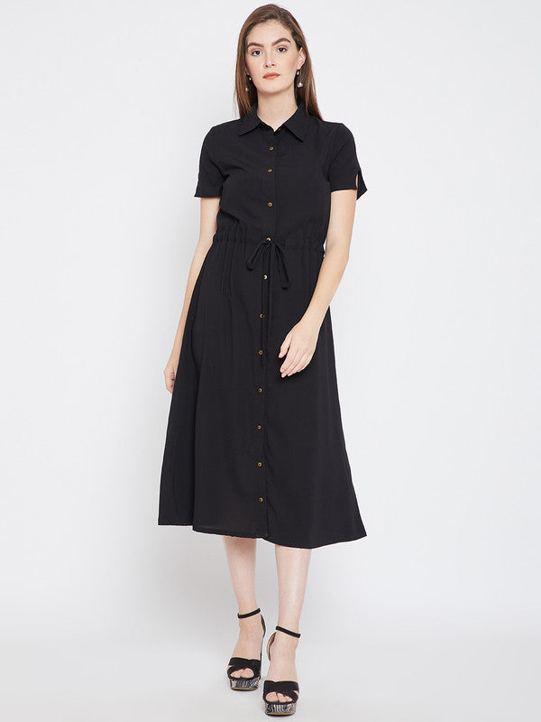 Black Coloured Woven Solid Shirt Collar Neck Short Sleevs Women Party/Casual wear Western Shirt Dress!!