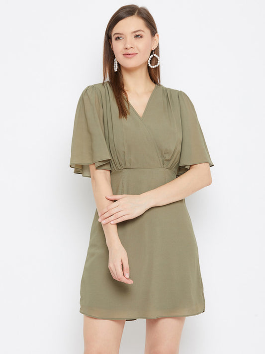 Olive Coloured Woven Solid V Neck Short Sleeves Women Party/Casual wear Western Georgette fit and flare Dress!!