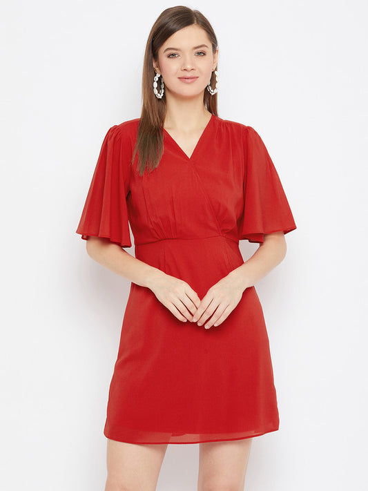 Red Coloured Woven Solid V Neck Short Sleeves Women Party/Casual wear Western Georgette fit and flare Wrap Dress!!
