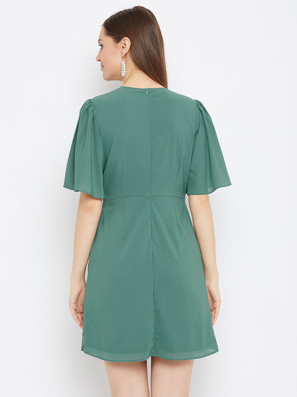 Green Coloured Woven Solid V Neck Short Sleeves Women Party/Casual wear Western Georgette fit and flare Wrap Dress!!