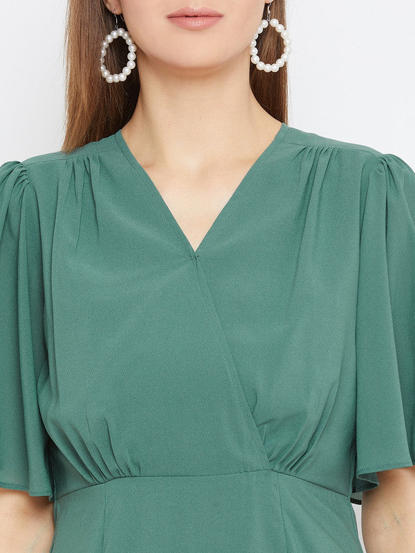 Green Coloured Woven Solid V Neck Short Sleeves Women Party/Casual wear Western Georgette fit and flare Wrap Dress!!