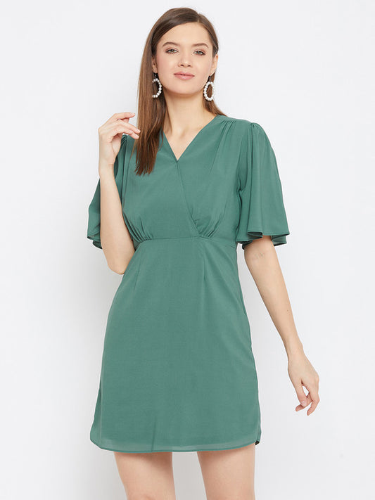 Green Coloured Woven Solid V Neck Short Sleeves Women Party/Casual wear Western Georgette fit and flare Wrap Dress!!