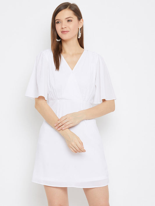 White Coloured Woven Solid V Neck Short Sleeves Women Party/Casual wear Western Georgette A-Line Dress!!