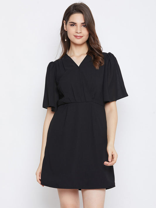 Black Coloured Woven Solid V Neck Short Sleeves Women Party/Casual wear Western fit and flare Dress!!