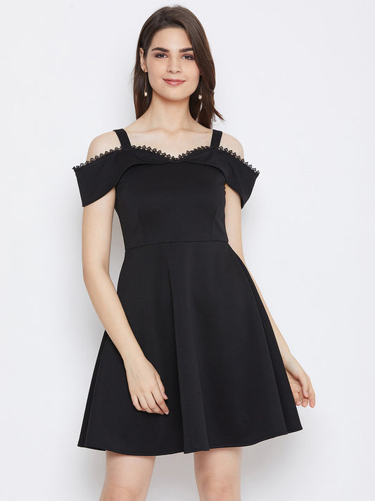 Black Coloured Woven Solid V Neck Short Sleeves Women Party/Casual wear Western fit and flare Dress!!