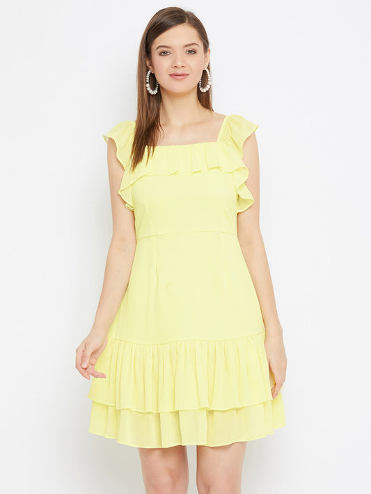 Yellow Coloured Woven Solid Square Neck Sleevless Women Party/Casual wear Western Layered Georgette Dress!!