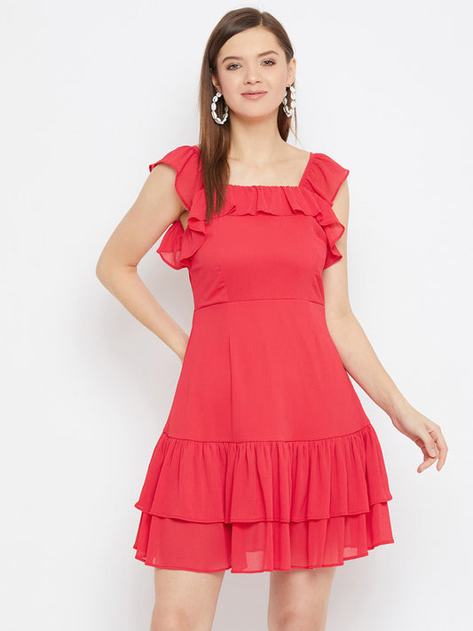 Red Coloured Woven Solid Square Neck Sleevless Women Party/Casual wear Western Layered Georgette Dress!!