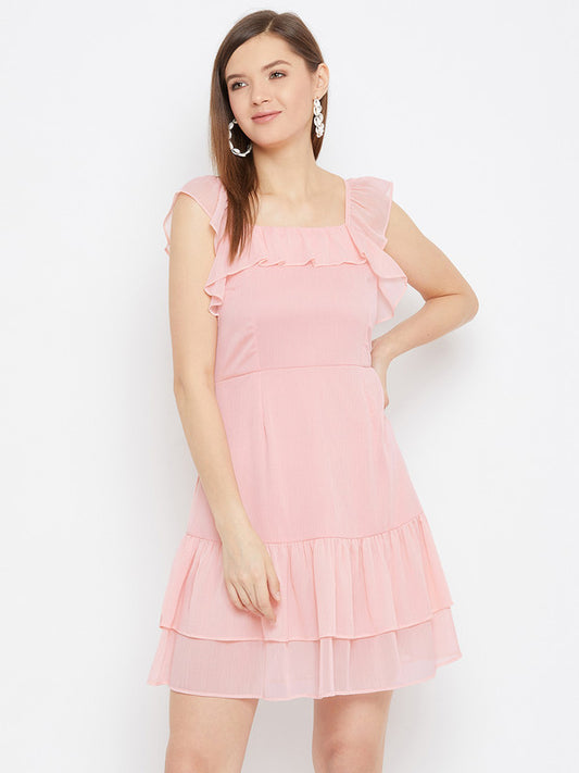 Pink Coloured Woven Solid Square Neck Sleevless Women Party/Casual wear Western Layered Georgette Dress!!