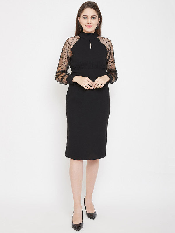 Black Coloured Woven Solid Closed Neck long raglan sleeves Women Party/Casual wear Western Self Design Sheath Dress!!