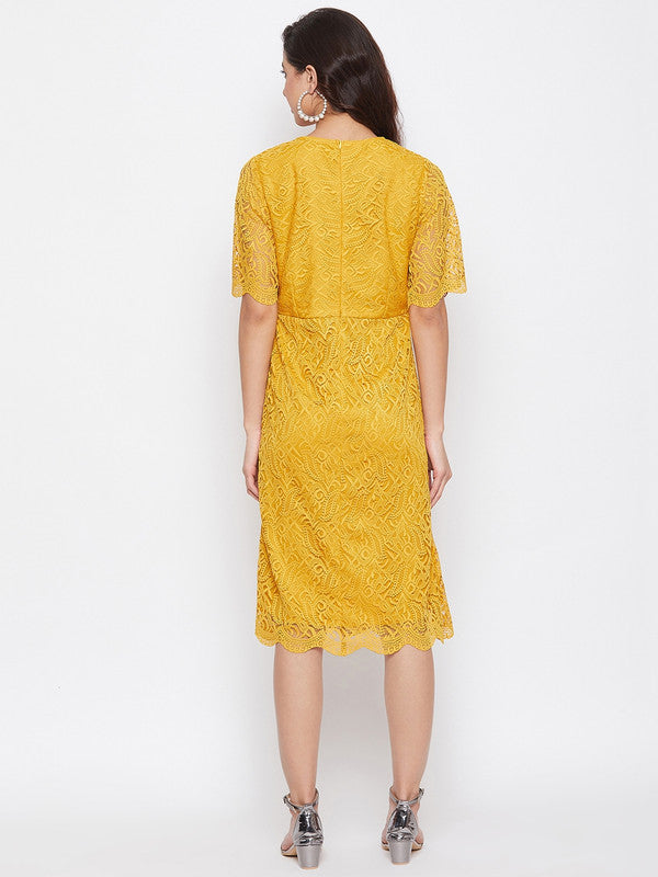 Mustard Yellow Coloured Round Neck Short Sleeves Women Party/Casual wear Western Self Design A-Line Dress!!