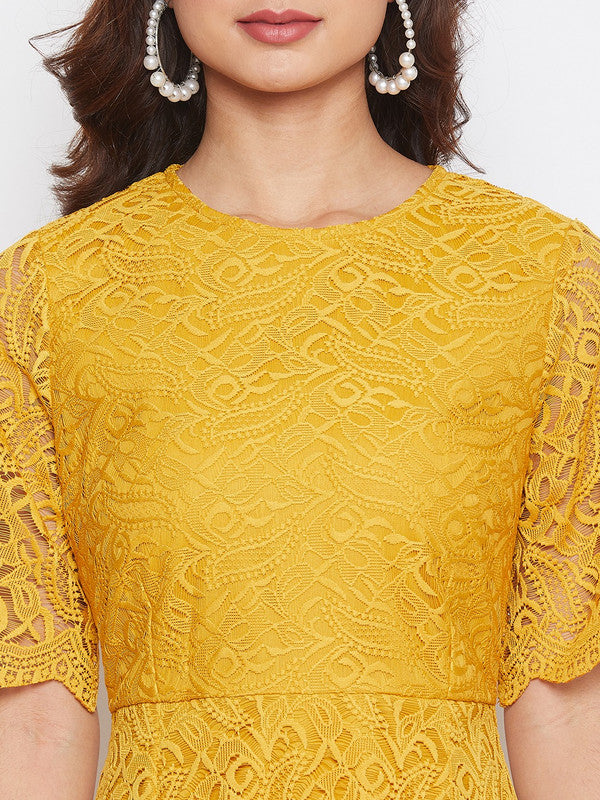 Mustard Yellow Coloured Round Neck Short Sleeves Women Party/Casual wear Western Self Design A-Line Dress!!