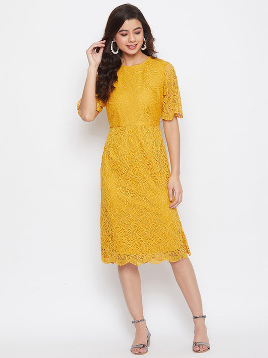 Mustard Yellow Coloured Round Neck Short Sleeves Women Party/Casual wear Western Self Design A-Line Dress!!