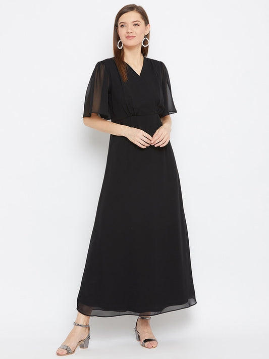 Black Coloured Solid V Neck Short flared sleeves Women Party/Casual wear Western Georgette Maxi Dress!!