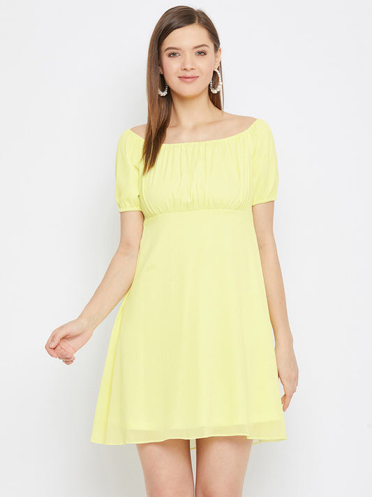 Yellow Coloured Solid Round Neck Short Sleeves Women Party/Casual wear Western Georgette fit and flare Dress!!