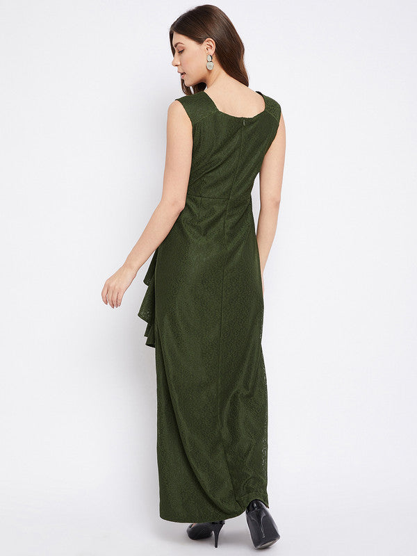 Olive Green Coloured Solid V-neck, Sleeveless Women Party/Casual wear Western Self Design Ruffled Lace Maxi Dress!!