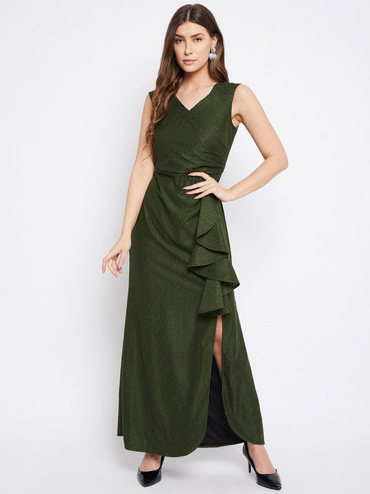 Olive Green Coloured Solid V-neck, Sleeveless Women Party/Casual wear Western Self Design Ruffled Lace Maxi Dress!!