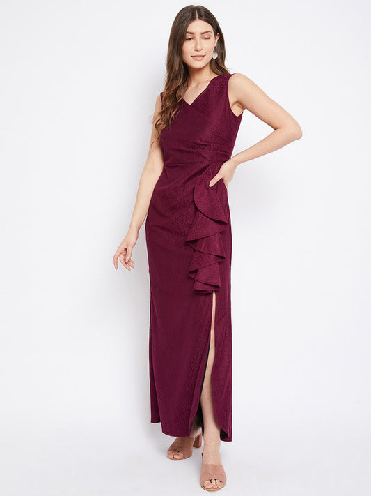 Burgundy Coloured Solid V-neck, Sleeveless Women Party/Casual wear Western Self Design Ruffled Lace Maxi Dress!!