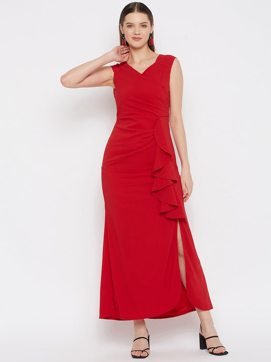 Red Coloured Solid V-neck, Sleeveless Women Party/Casual wear Western Self Design Ruffled Lace Maxi Dress!!