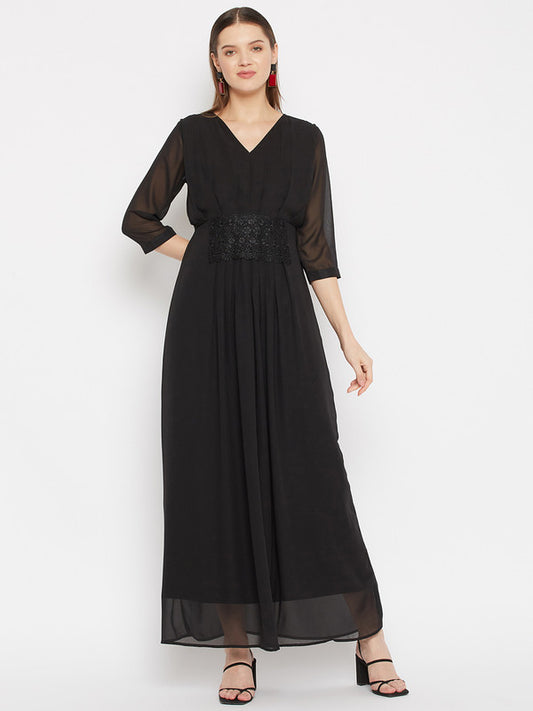Black Coloured Solid V-neck three quater sleeves Women Party/Casual wear Western Georgette Maxi Dress!!