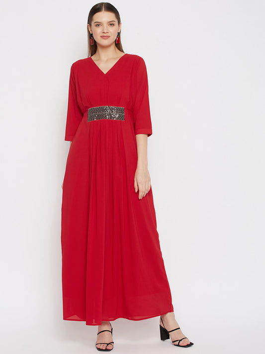 Red Coloured Solid V-neck three quater sleeves Women Party/Casual wear Western Georgette Maxi Dress!!